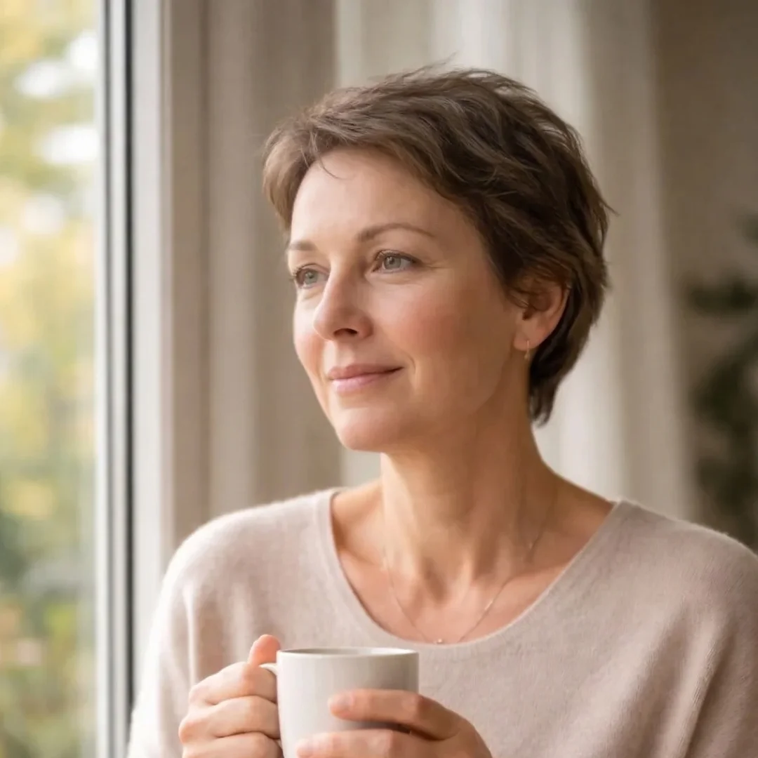 Mulher reflexiva representando os sintomas da menopausa