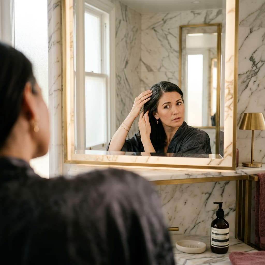 Mulher observando os sinais de mudança no cabelo no espelho